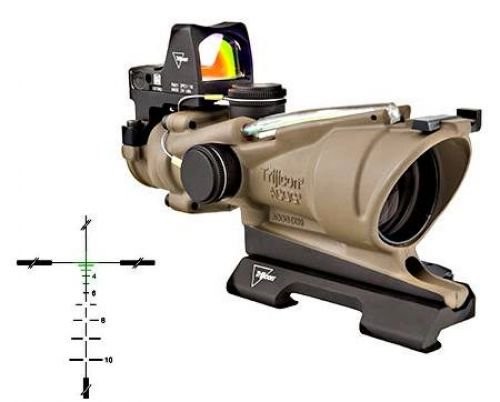 Trijicon 4x32 ACOG ECOS, Dual Illuminated Green Crosshair 5.56 Reticle w/ Backup Iron Sights, Quick Release Mount &amp; LED 3.25 MOA Red Dot RMR Type 2, Cerakote FDE, 100554